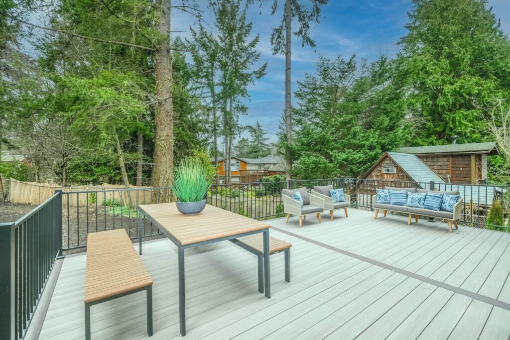 Backyard deck with table and chairs