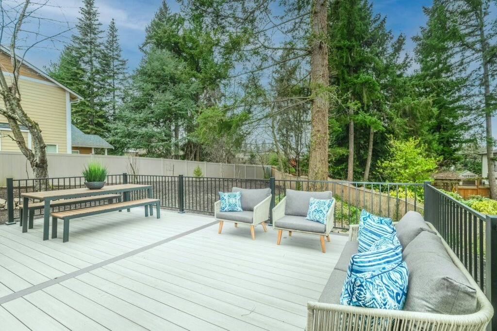 Refinished wood deck with outdoor seating